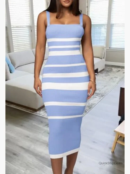 Sleeveless Striped Bodycon Midi Dress Square Neck Ribbed Knit - Picture 5 of 7